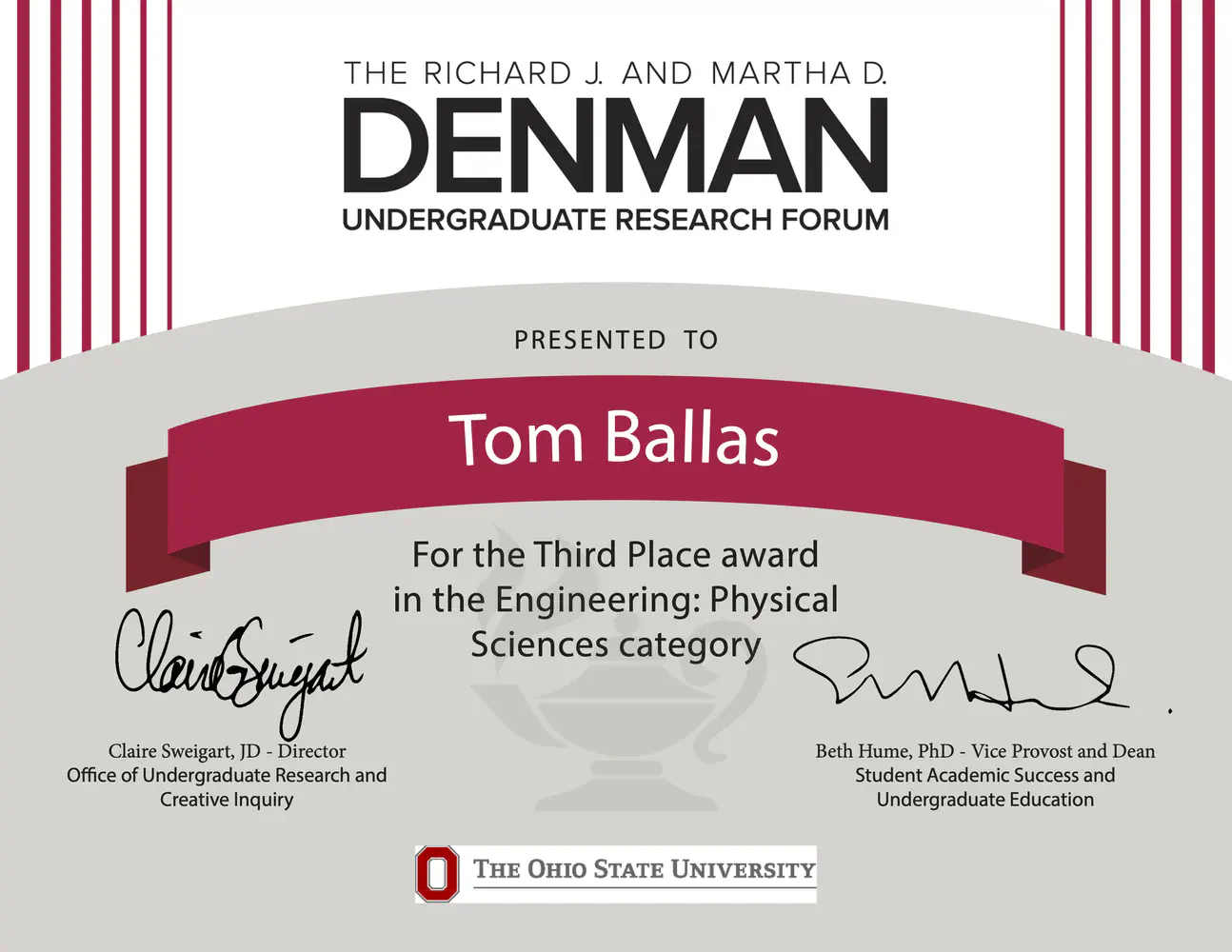 Tom Ballas Wins the Third Place Award in the 26th Annual Denman Undergraduate Research Forum