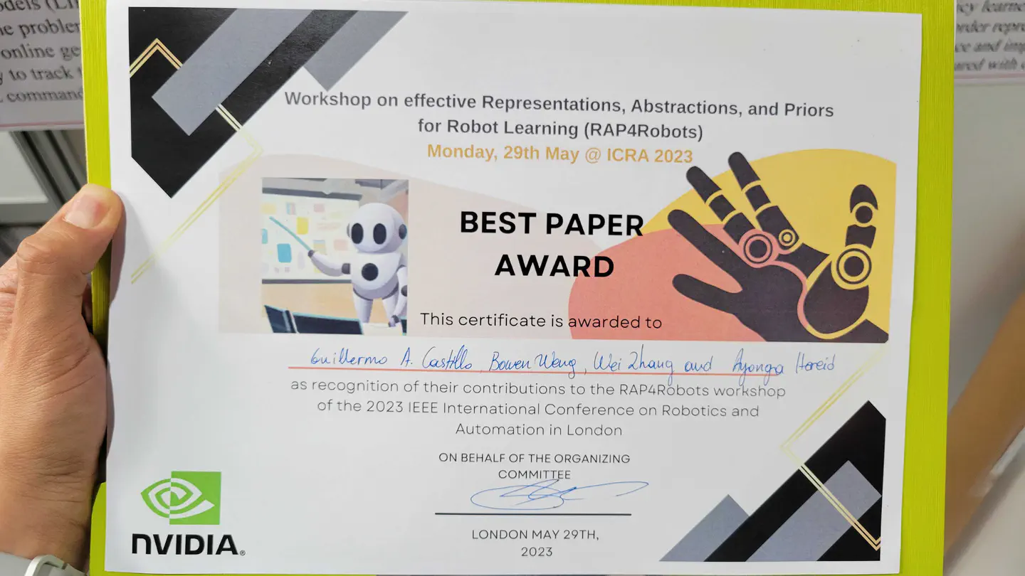 Guillermo Castillo Wins the Best Paper Award at the 2023 ICRA RAP4Robots Workshop